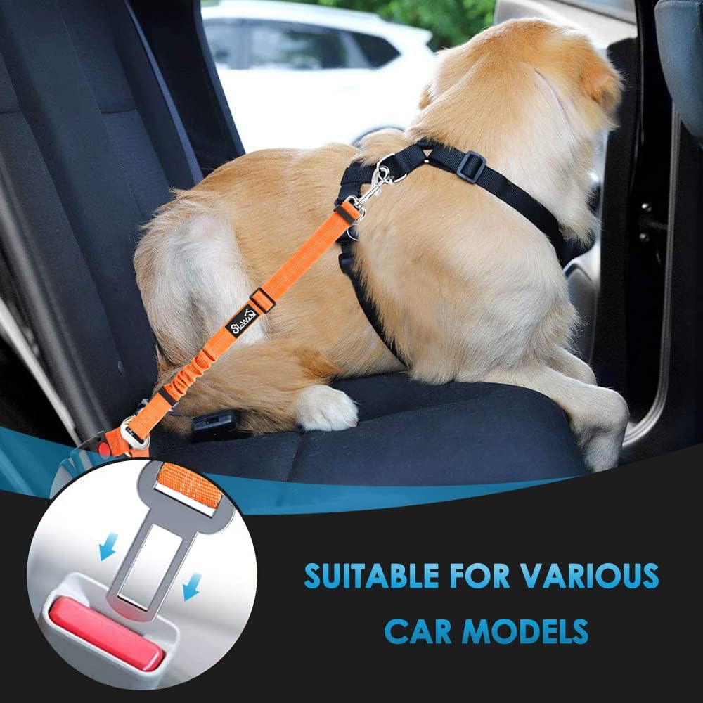 Dog Seat Belt for Car, 2 Pack Dog Car Harness Seatbelt with Bungee | 2 in 1 Pet Car Leash Headrest Restraint & Dog Safety Tether Clip, Adjustable with Elastic Buffer, Reflective, Black M/L