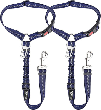 Dog Seat Belt for Car, 2 Pack Dog Car Harness Seatbelt with Bungee | 2 in 1 Pet Car Leash Headrest Restraint & Dog Safety Tether Clip, Adjustable with Elastic Buffer, Reflective, Black M/L