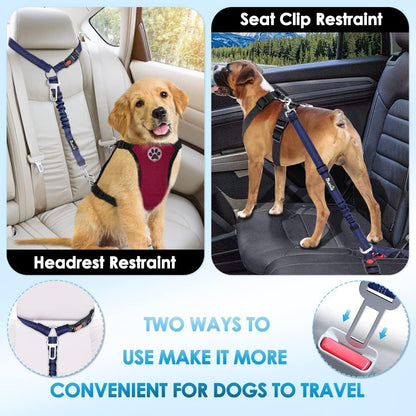 Dog Seat Belt for Car, 2 Pack Dog Car Harness Seatbelt with Bungee | 2 in 1 Pet Car Leash Headrest Restraint & Dog Safety Tether Clip, Adjustable with Elastic Buffer, Reflective, Black M/L