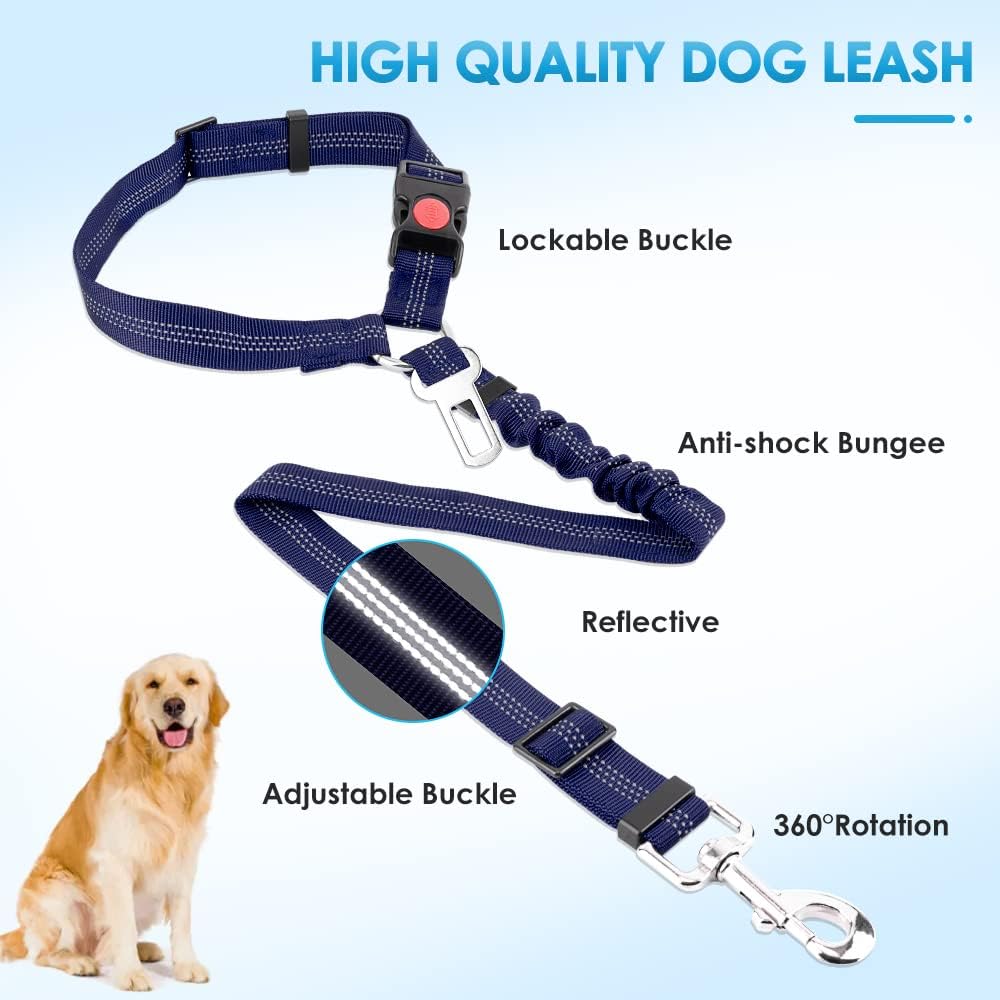 Dog Seat Belt for Car, 2 Pack Dog Car Harness Seatbelt with Bungee | 2 in 1 Pet Car Leash Headrest Restraint & Dog Safety Tether Clip, Adjustable with Elastic Buffer, Reflective, Black M/L