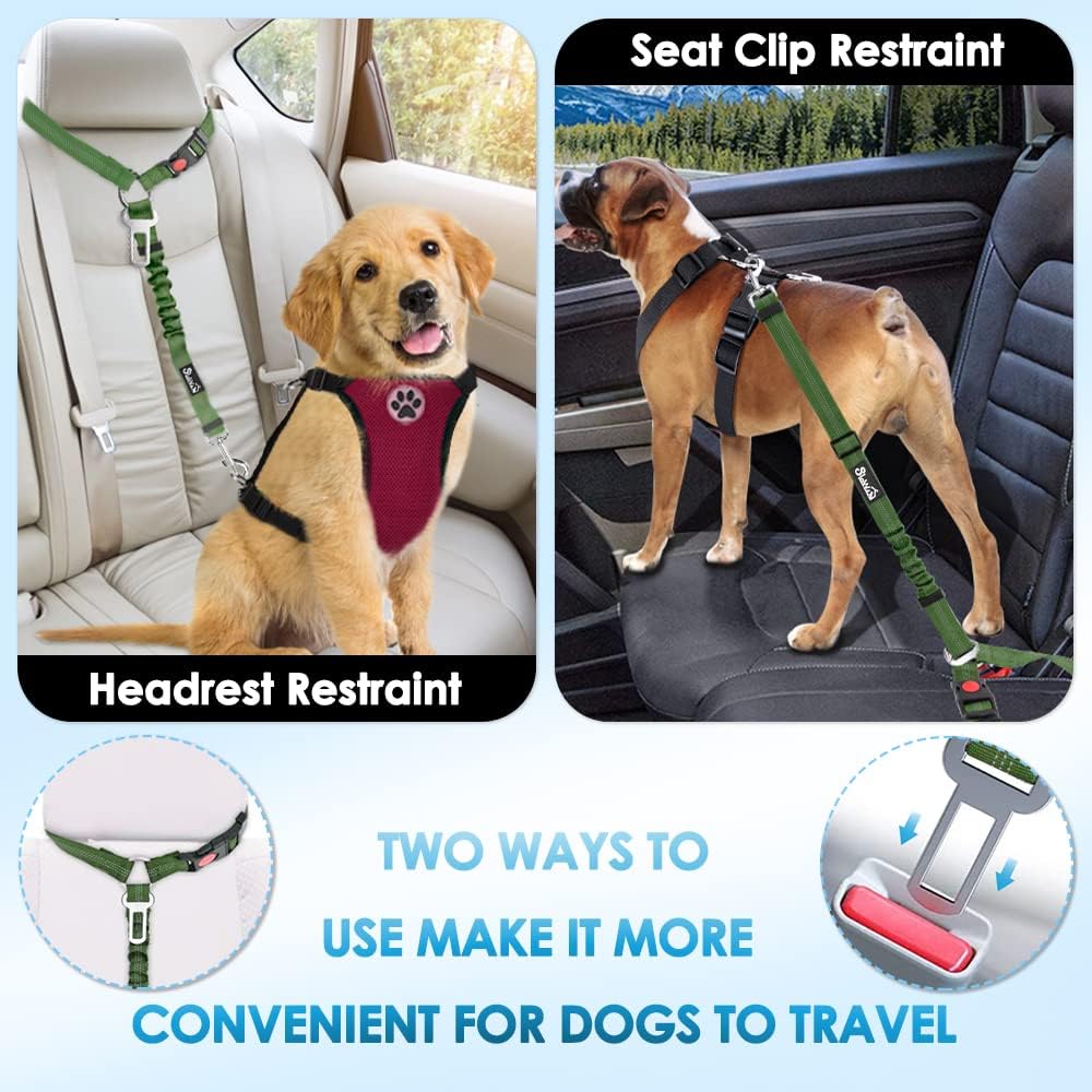 Dog Seat Belt for Car, 2 Pack Dog Car Harness Seatbelt with Bungee | 2 in 1 Pet Car Leash Headrest Restraint & Dog Safety Tether Clip, Adjustable with Elastic Buffer, Reflective, Black M/L