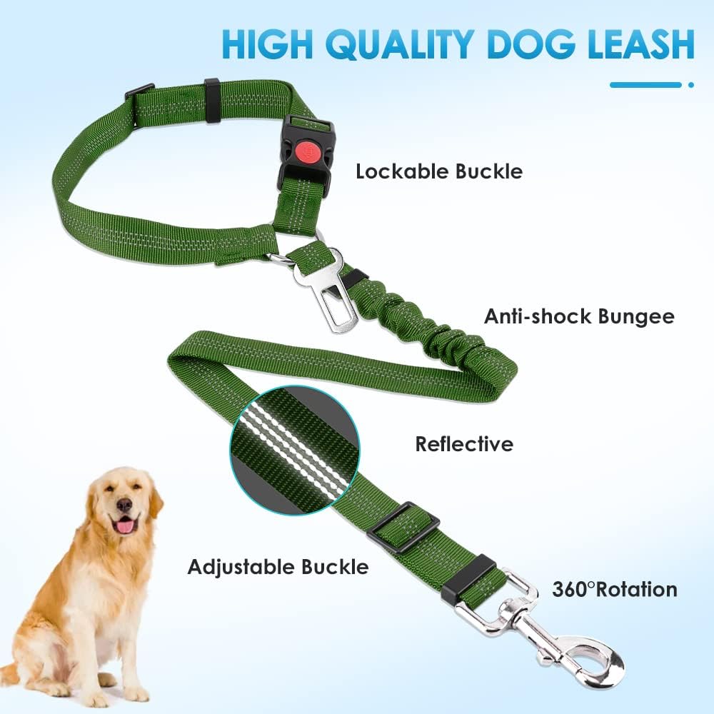 Dog Seat Belt for Car, 2 Pack Dog Car Harness Seatbelt with Bungee | 2 in 1 Pet Car Leash Headrest Restraint & Dog Safety Tether Clip, Adjustable with Elastic Buffer, Reflective, Black M/L