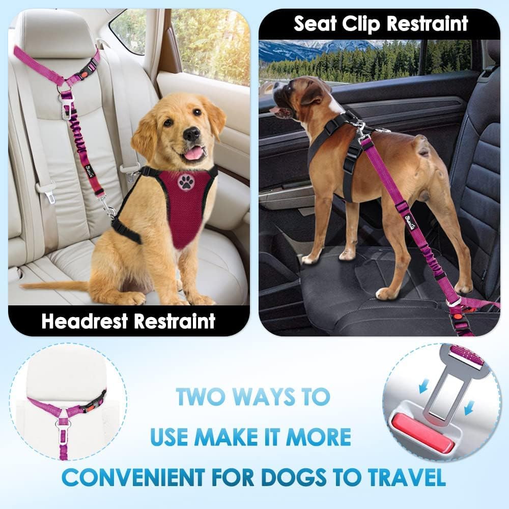 Dog Seat Belt for Car, 2 Pack Dog Car Harness Seatbelt with Bungee | 2 in 1 Pet Car Leash Headrest Restraint & Dog Safety Tether Clip, Adjustable with Elastic Buffer, Reflective, Black M/L