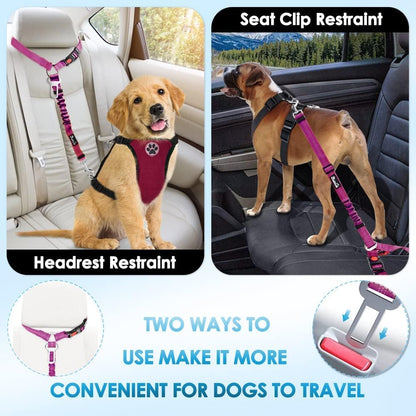Dog Seat Belt for Car, 2 Pack Dog Car Harness Seatbelt with Bungee | 2 in 1 Pet Car Leash Headrest Restraint & Dog Safety Tether Clip, Adjustable with Elastic Buffer, Reflective, Black M/L