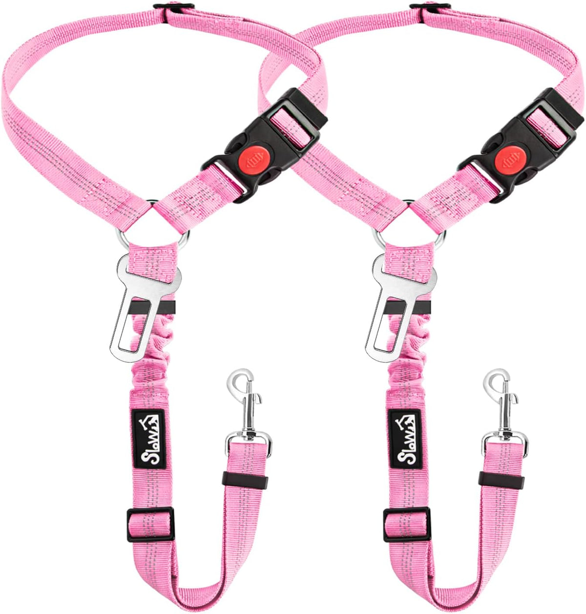 Dog Seat Belt for Car, 2 Pack Dog Car Harness Seatbelt with Bungee | 2 in 1 Pet Car Leash Headrest Restraint & Dog Safety Tether Clip, Adjustable with Elastic Buffer, Reflective, Black M/L