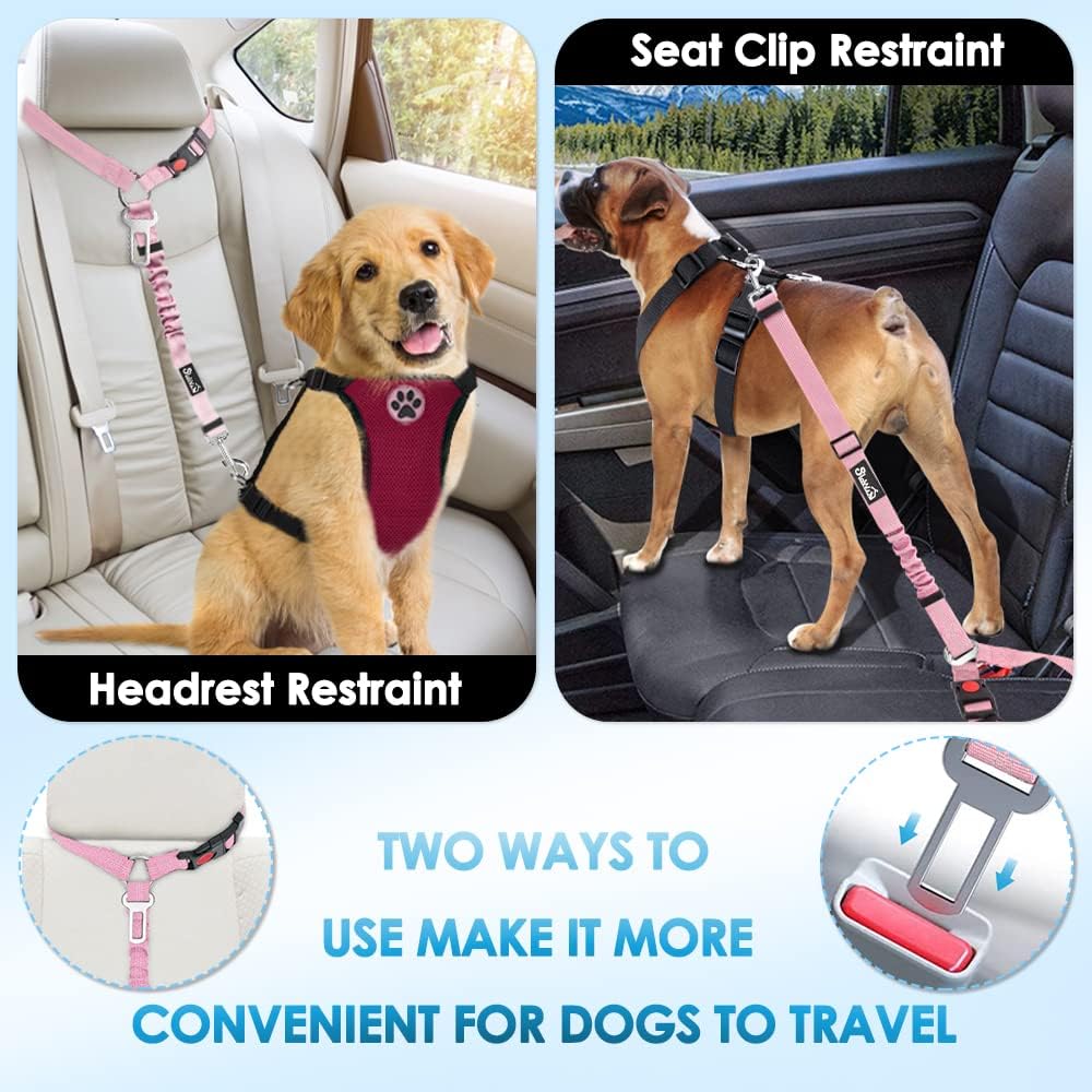 Dog Seat Belt for Car, 2 Pack Dog Car Harness Seatbelt with Bungee | 2 in 1 Pet Car Leash Headrest Restraint & Dog Safety Tether Clip, Adjustable with Elastic Buffer, Reflective, Black M/L