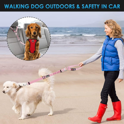 Dog Seat Belt for Car, 2 Pack Dog Car Harness Seatbelt with Bungee | 2 in 1 Pet Car Leash Headrest Restraint & Dog Safety Tether Clip, Adjustable with Elastic Buffer, Reflective, Black M/L