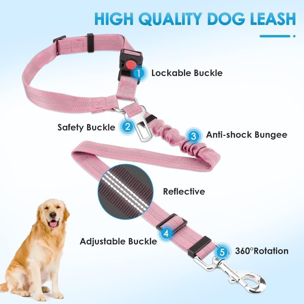 Dog Seat Belt for Car, 2 Pack Dog Car Harness Seatbelt with Bungee | 2 in 1 Pet Car Leash Headrest Restraint & Dog Safety Tether Clip, Adjustable with Elastic Buffer, Reflective, Black M/L