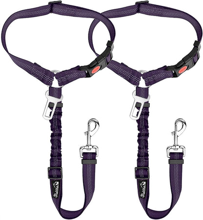 Dog Seat Belt for Car, 2 Pack Dog Car Harness Seatbelt with Bungee | 2 in 1 Pet Car Leash Headrest Restraint & Dog Safety Tether Clip, Adjustable with Elastic Buffer, Reflective, Black M/L