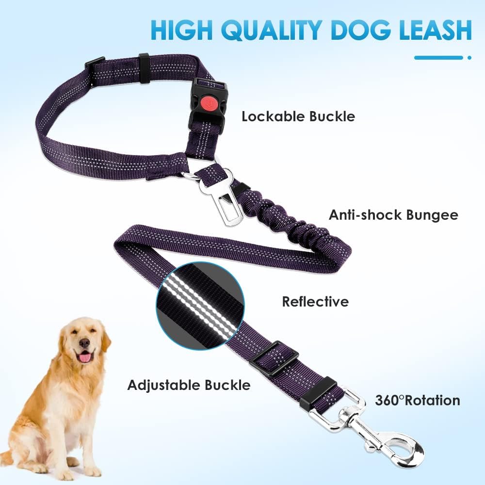 Dog Seat Belt for Car, 2 Pack Dog Car Harness Seatbelt with Bungee | 2 in 1 Pet Car Leash Headrest Restraint & Dog Safety Tether Clip, Adjustable with Elastic Buffer, Reflective, Black M/L