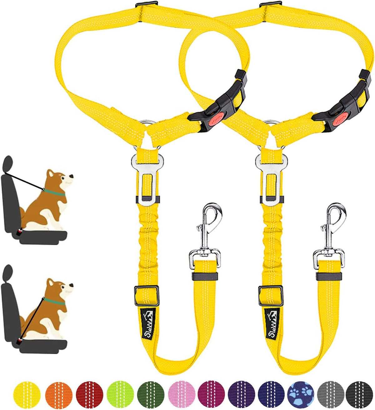 Dog Seat Belt for Car, 2 Pack Dog Car Harness Seatbelt with Bungee | 2 in 1 Pet Car Leash Headrest Restraint & Dog Safety Tether Clip, Adjustable with Elastic Buffer, Reflective, Black M/L