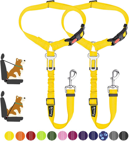 Dog Seat Belt for Car, 2 Pack Dog Car Harness Seatbelt with Bungee | 2 in 1 Pet Car Leash Headrest Restraint & Dog Safety Tether Clip, Adjustable with Elastic Buffer, Reflective, Black M/L