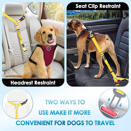 Dog Seat Belt for Car, 2 Pack Dog Car Harness Seatbelt with Bungee | 2 in 1 Pet Car Leash Headrest Restraint & Dog Safety Tether Clip, Adjustable with Elastic Buffer, Reflective, Black M/L