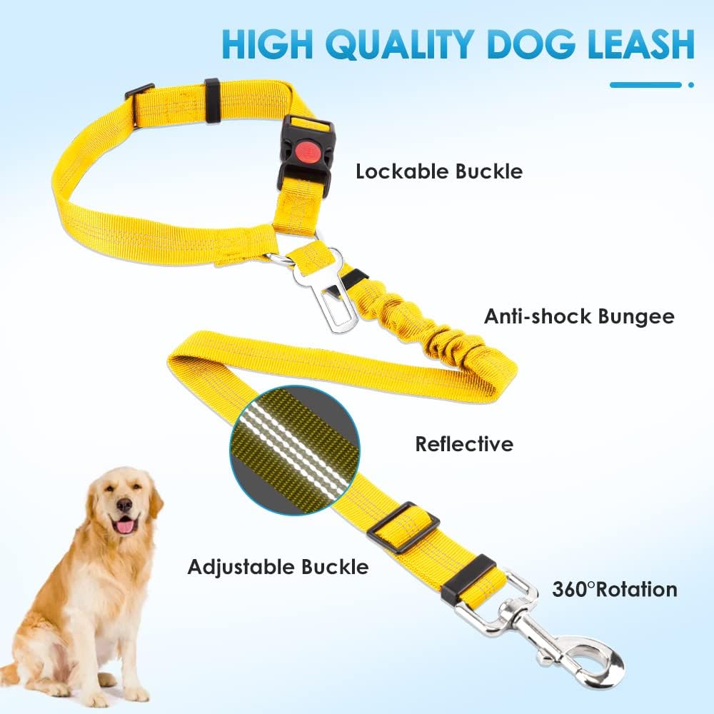 Dog Seat Belt for Car, 2 Pack Dog Car Harness Seatbelt with Bungee | 2 in 1 Pet Car Leash Headrest Restraint & Dog Safety Tether Clip, Adjustable with Elastic Buffer, Reflective, Black M/L