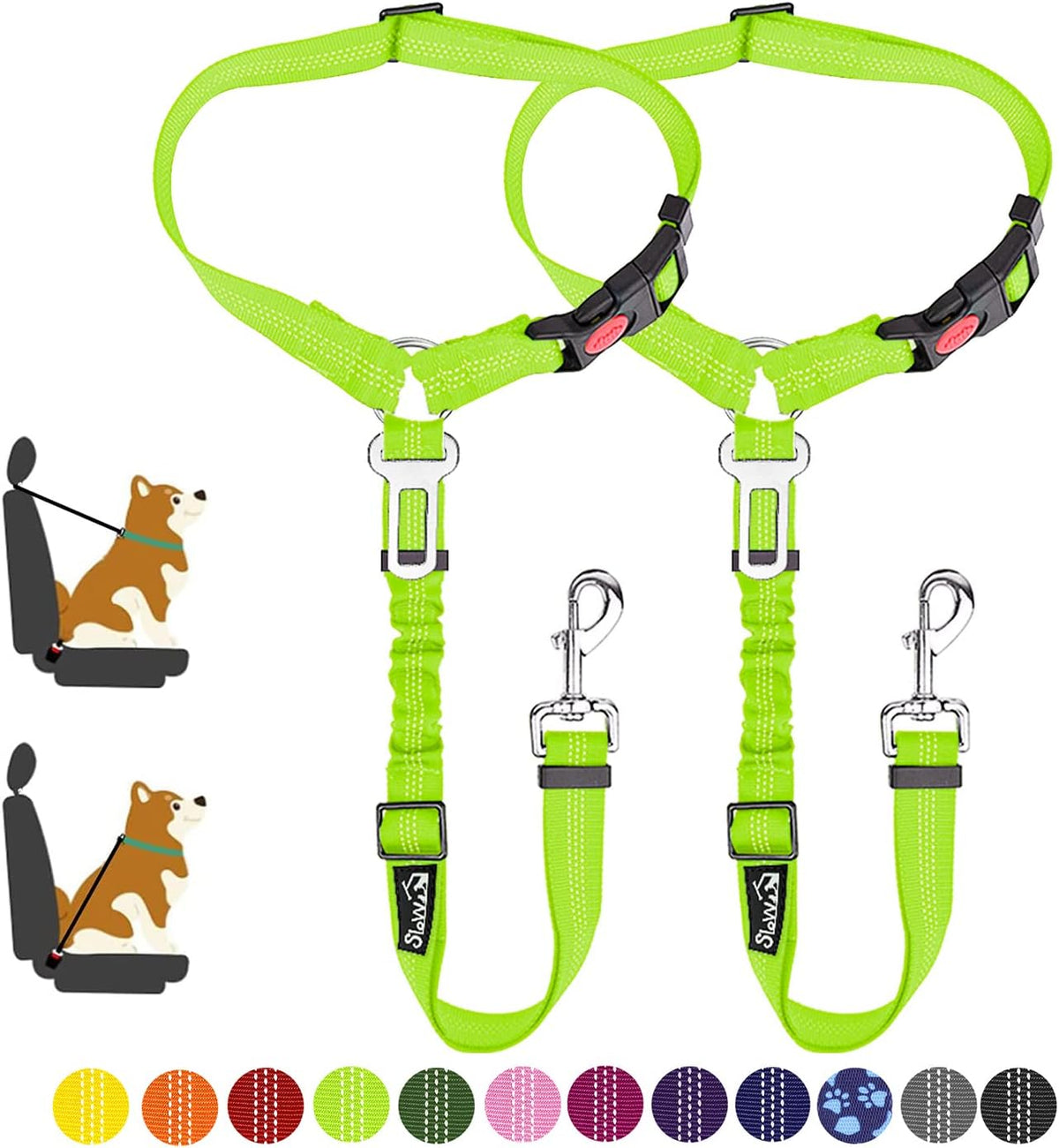Dog Seat Belt for Car, 2 Pack Dog Car Harness Seatbelt with Bungee | 2 in 1 Pet Car Leash Headrest Restraint & Dog Safety Tether Clip, Adjustable with Elastic Buffer, Reflective, Black M/L