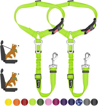 Dog Seat Belt for Car, 2 Pack Dog Car Harness Seatbelt with Bungee | 2 in 1 Pet Car Leash Headrest Restraint & Dog Safety Tether Clip, Adjustable with Elastic Buffer, Reflective, Black M/L
