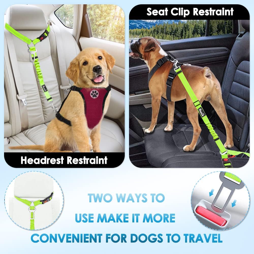 Dog Seat Belt for Car, 2 Pack Dog Car Harness Seatbelt with Bungee | 2 in 1 Pet Car Leash Headrest Restraint & Dog Safety Tether Clip, Adjustable with Elastic Buffer, Reflective, Black M/L