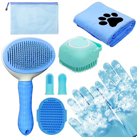 Dog Brush & Grooming Kit – 9-Piece Pet Brush & Deshedding Set for Shedding, Bathing, Trimming & Nail Care | Grooming Tools for Dogs & Cats, Includes Comb, Nail Clipper, Scissors, Slicker Brush (Gray)