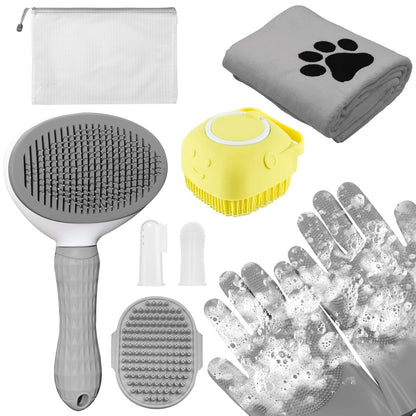 Dog Brush & Grooming Kit – 9-Piece Pet Brush & Deshedding Set for Shedding, Bathing, Trimming & Nail Care | Grooming Tools for Dogs & Cats, Includes Comb, Nail Clipper, Scissors, Slicker Brush (Gray)