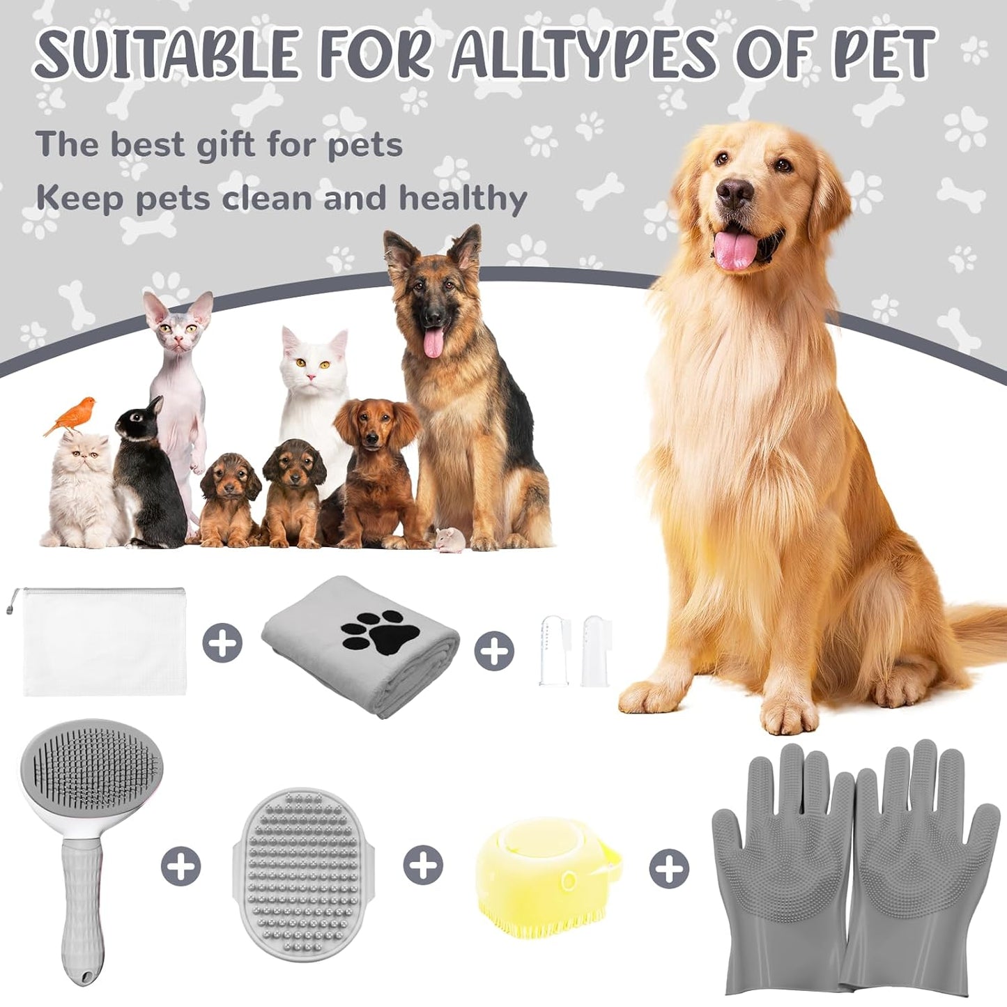 Dog Brush & Grooming Kit – 9-Piece Pet Brush & Deshedding Set for Shedding, Bathing, Trimming & Nail Care | Grooming Tools for Dogs & Cats, Includes Comb, Nail Clipper, Scissors, Slicker Brush (Gray)