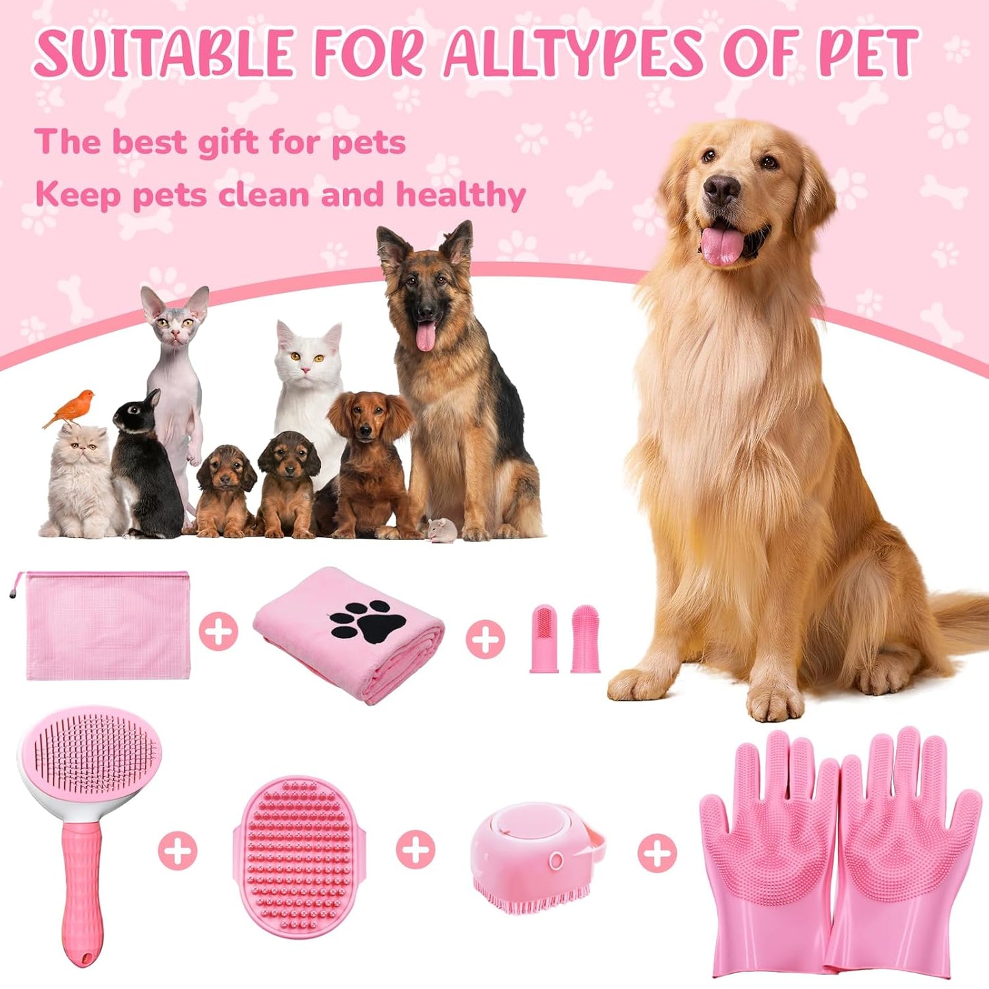 Dog Brush & Grooming Kit – 9-Piece Pet Brush & Deshedding Set for Shedding, Bathing, Trimming & Nail Care | Grooming Tools for Dogs & Cats, Includes Comb, Nail Clipper, Scissors, Slicker Brush (Gray)