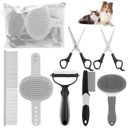 Dog Brush & Grooming Kit – 9-Piece Pet Brush & Deshedding Set for Shedding, Bathing, Trimming & Nail Care | Grooming Tools for Dogs & Cats, Includes Comb, Nail Clipper, Scissors, Slicker Brush (Gray)