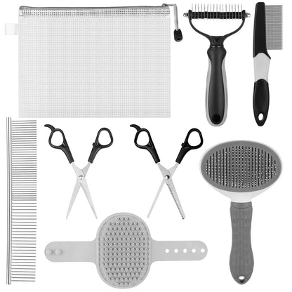 Dog Brush & Grooming Kit – 9-Piece Pet Brush & Deshedding Set for Shedding, Bathing, Trimming & Nail Care | Grooming Tools for Dogs & Cats, Includes Comb, Nail Clipper, Scissors, Slicker Brush (Gray)