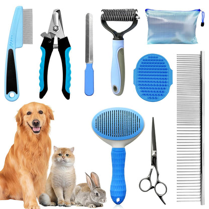 Dog Brush & Grooming Kit – 9-Piece Pet Brush & Deshedding Set for Shedding, Bathing, Trimming & Nail Care | Grooming Tools for Dogs & Cats, Includes Comb, Nail Clipper, Scissors, Slicker Brush (Gray)