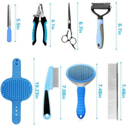 Dog Brush & Grooming Kit – 9-Piece Pet Brush & Deshedding Set for Shedding, Bathing, Trimming & Nail Care | Grooming Tools for Dogs & Cats, Includes Comb, Nail Clipper, Scissors, Slicker Brush (Gray)