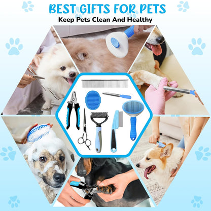 Dog Brush & Grooming Kit – 9-Piece Pet Brush & Deshedding Set for Shedding, Bathing, Trimming & Nail Care | Grooming Tools for Dogs & Cats, Includes Comb, Nail Clipper, Scissors, Slicker Brush (Gray)
