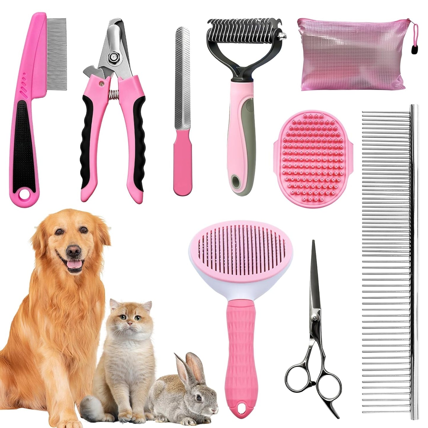 Dog Brush & Grooming Kit – 9-Piece Pet Brush & Deshedding Set for Shedding, Bathing, Trimming & Nail Care | Grooming Tools for Dogs & Cats, Includes Comb, Nail Clipper, Scissors, Slicker Brush (Gray)