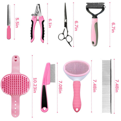 Dog Brush & Grooming Kit – 9-Piece Pet Brush & Deshedding Set for Shedding, Bathing, Trimming & Nail Care | Grooming Tools for Dogs & Cats, Includes Comb, Nail Clipper, Scissors, Slicker Brush (Gray)
