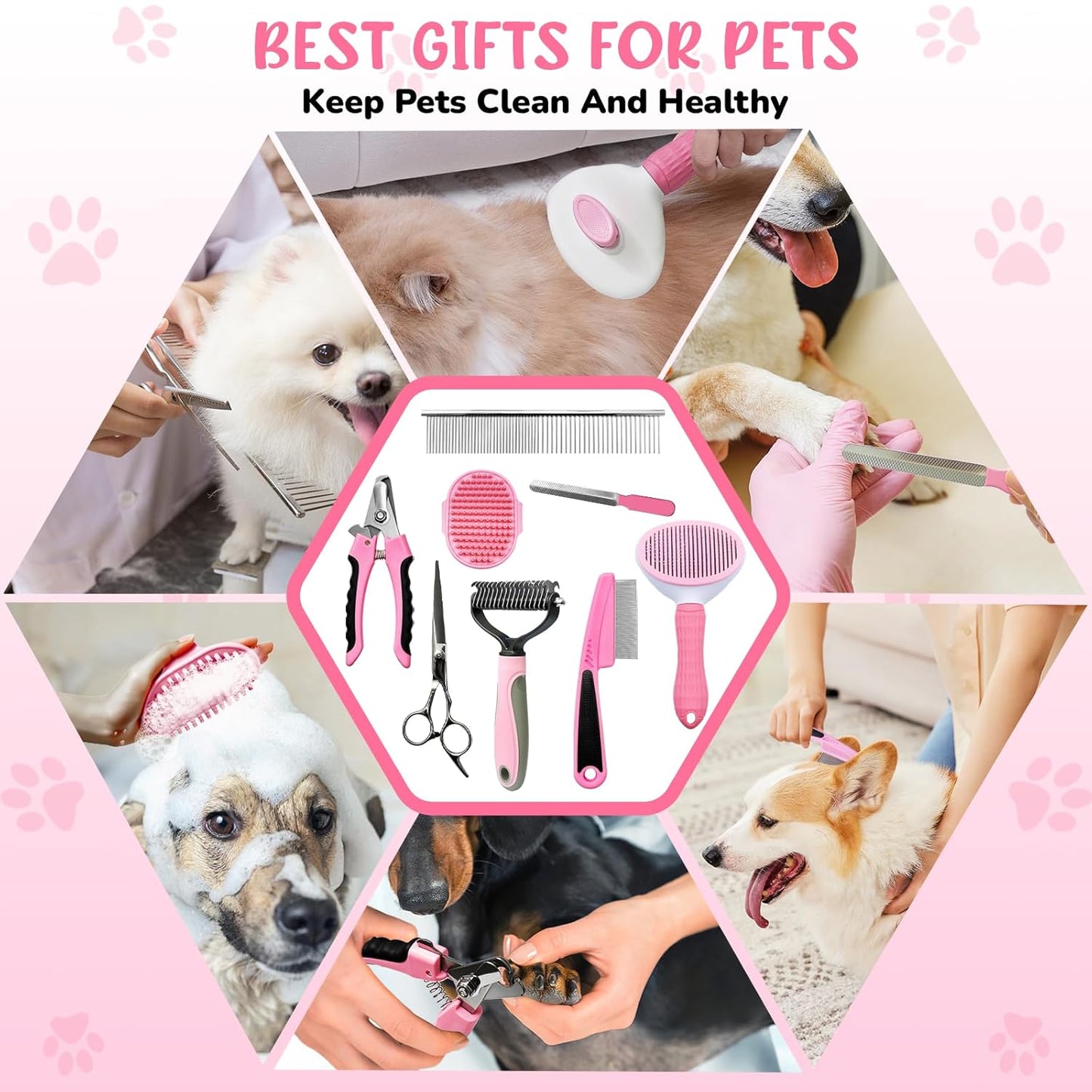 Dog Brush & Grooming Kit – 9-Piece Pet Brush & Deshedding Set for Shedding, Bathing, Trimming & Nail Care | Grooming Tools for Dogs & Cats, Includes Comb, Nail Clipper, Scissors, Slicker Brush (Gray)