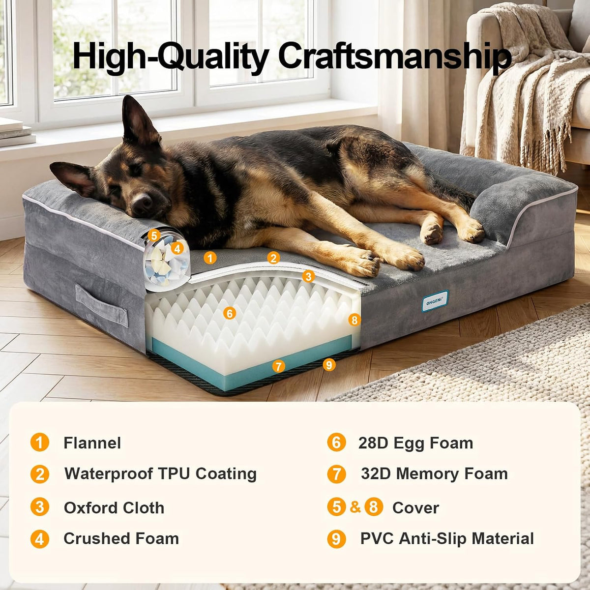 Orthopedic Extra Large Dog Bed Couch, Memory Foam, 44-inch (Gray)