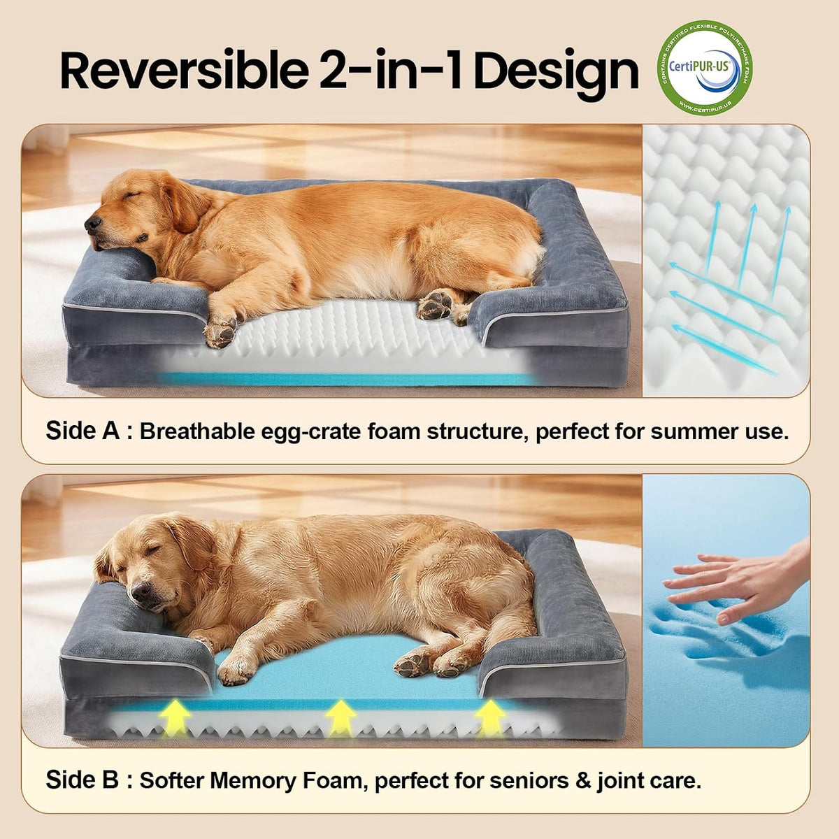 Orthopedic Extra Large Dog Bed Couch, Memory Foam, 44-inch (Gray)