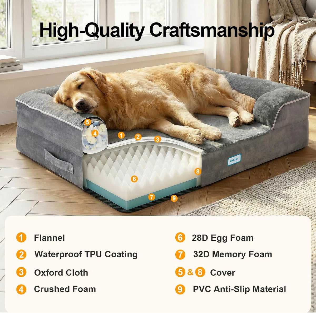 Orthopedic Extra Large Dog Bed Couch, Memory Foam, 44-inch (Gray)