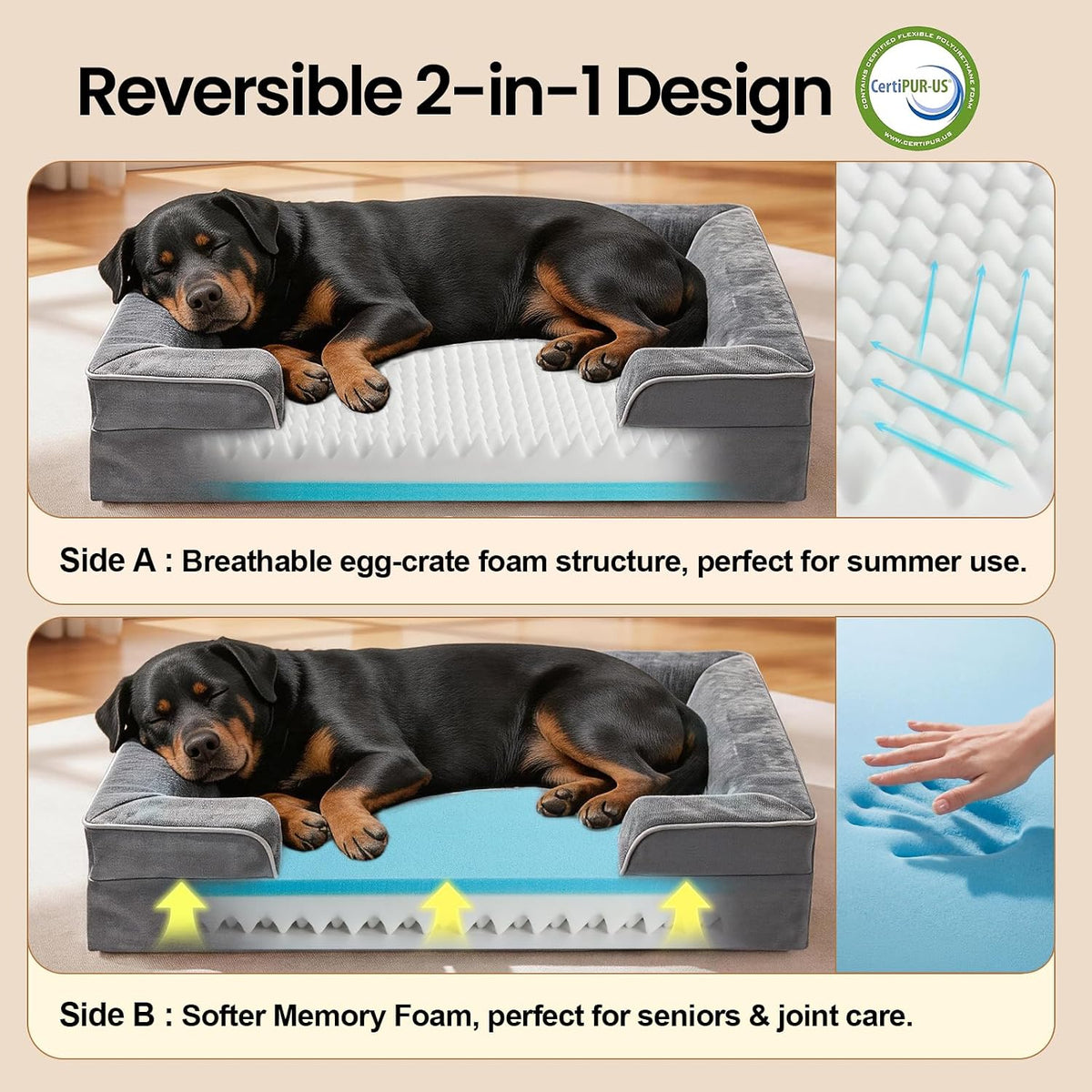 Orthopedic Extra Large Dog Bed Couch, Memory Foam, 44-inch (Gray)