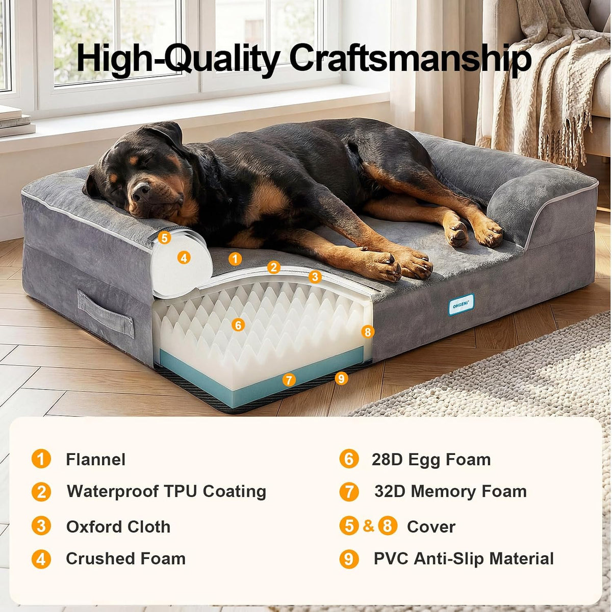 Orthopedic Extra Large Dog Bed Couch, Memory Foam, 44-inch (Gray)