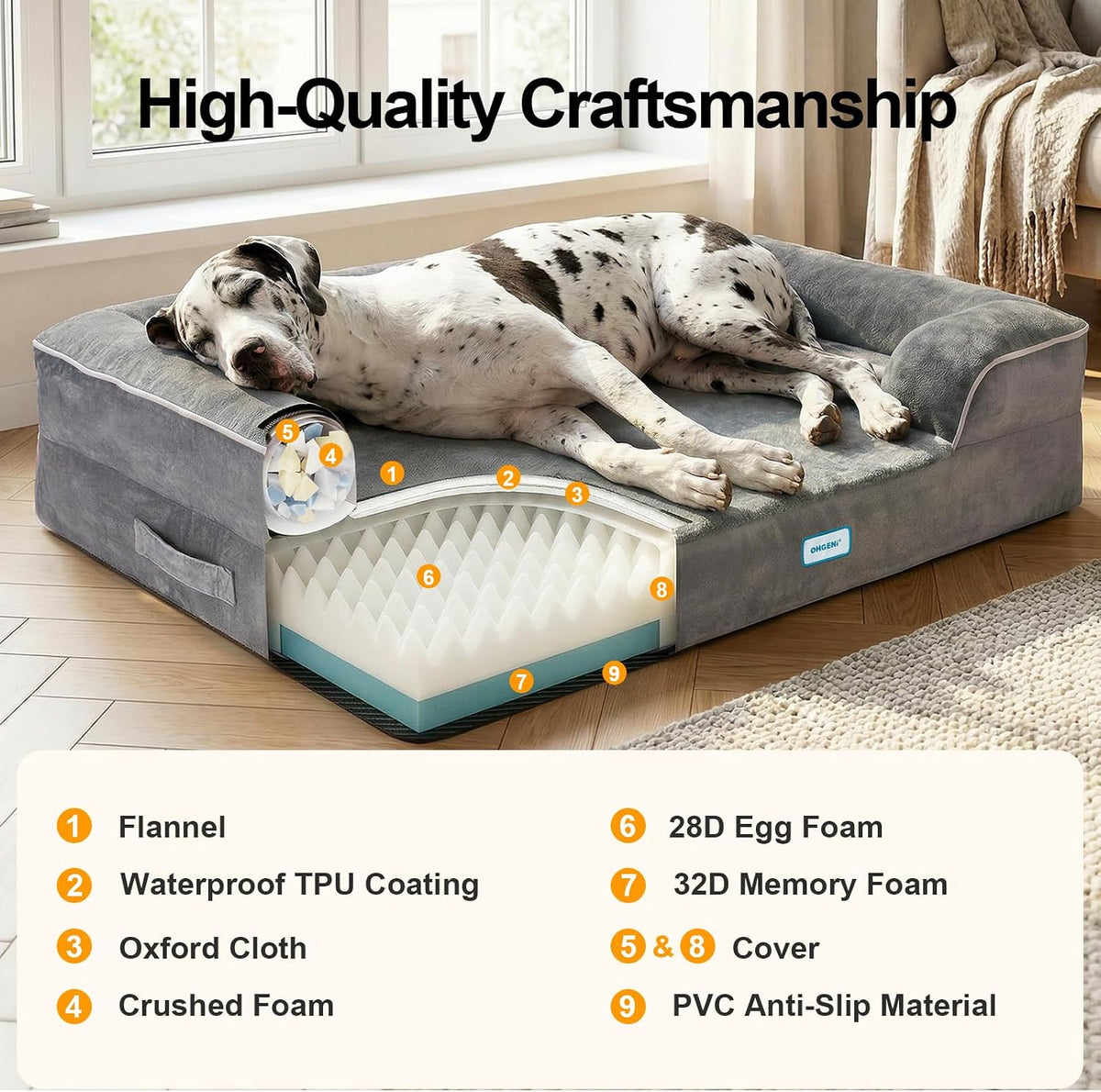 Orthopedic Extra Large Dog Bed Couch, Memory Foam, 44-inch (Gray)