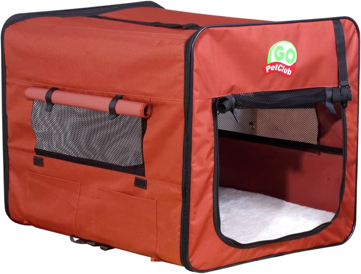 32" Soft Collapsible Dog Crate, Portable Pet Carrier, Thick Padded Pet Travel Crate for Indoor & Outdoor, Foldable Kennel Cage with Durable Mesh Windows, Brown