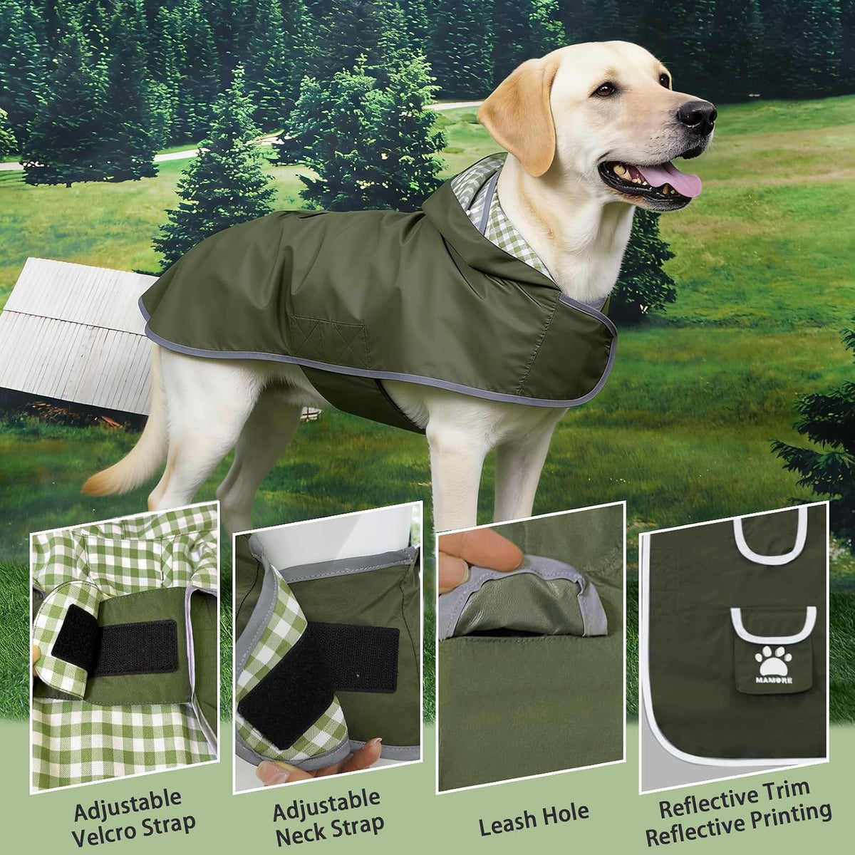 Waterproof Dog Raincoat Reversible,Adjustable Dog Rain Coats,Lightweight Pet Poncho Hoodie with Reflective Strip for Small Medium Large Dogs (Army Green, X-Large(37-55lb))