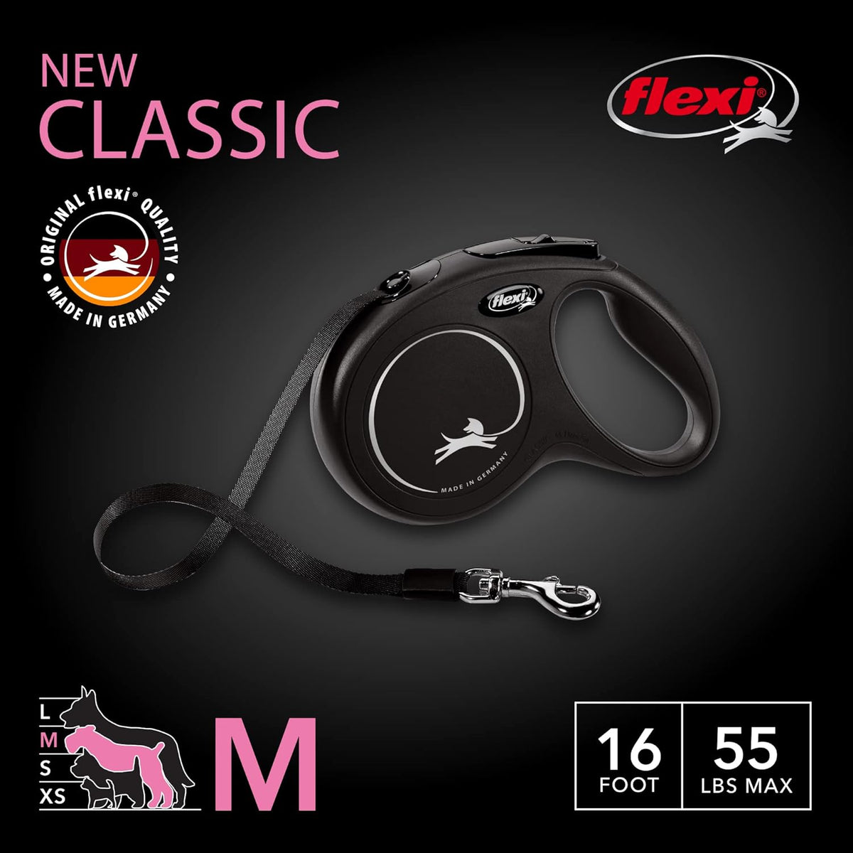 ® Classic Tape Retractable Dog Leash, Large, 26 ft - Black
