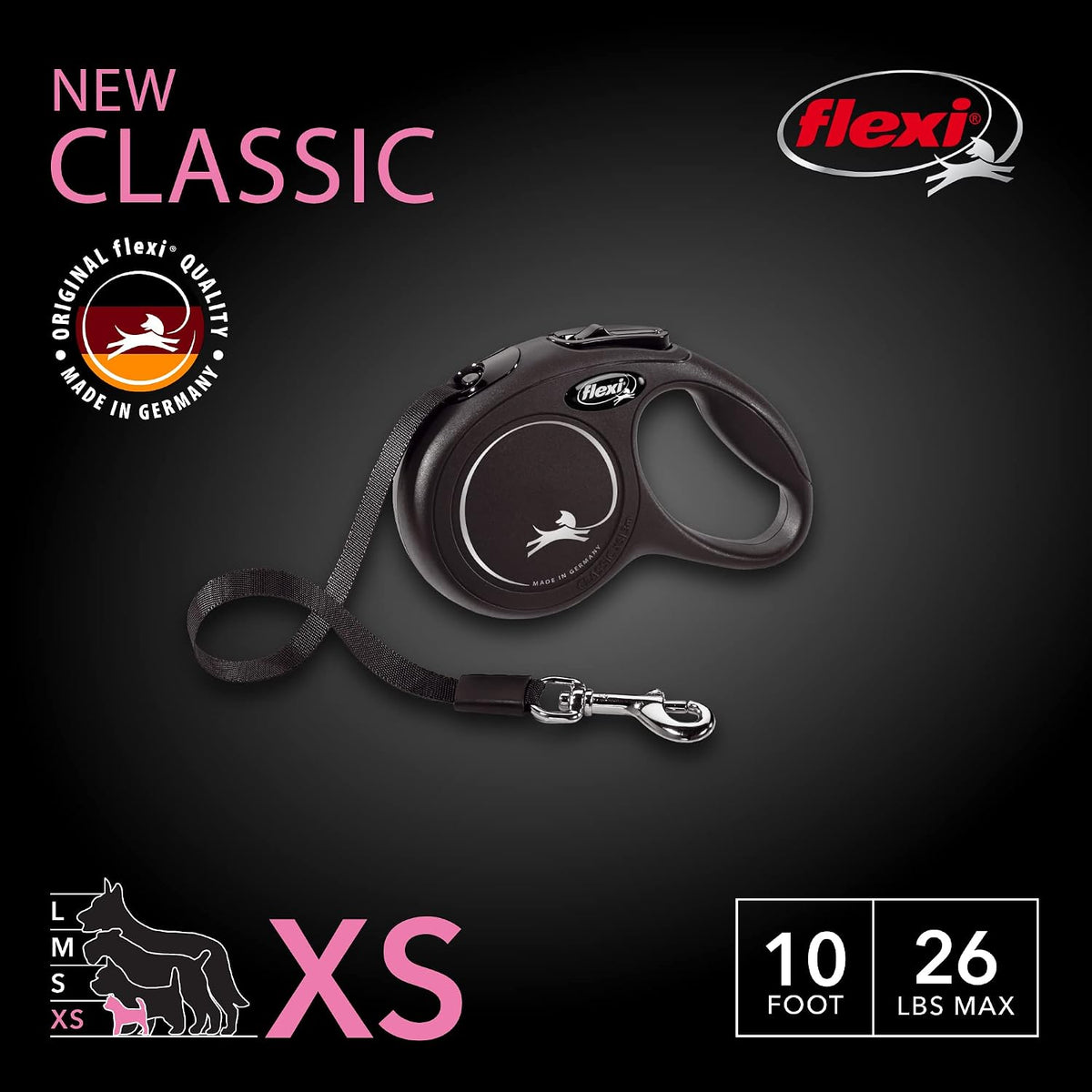 ® Classic Tape Retractable Dog Leash, Large, 26 ft - Black