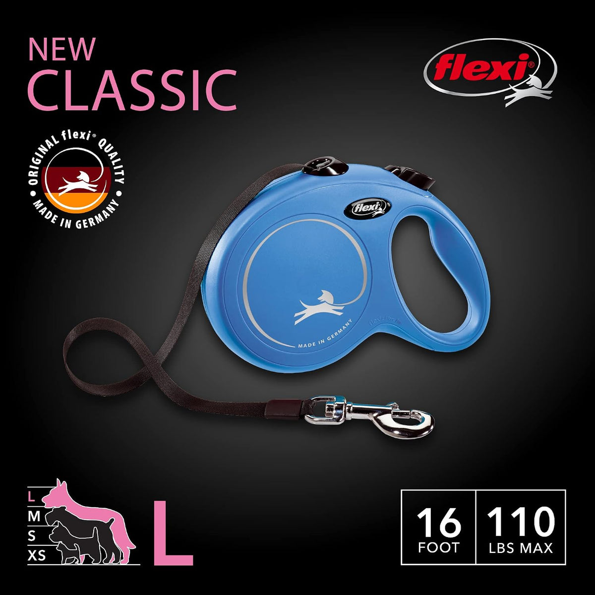 ® Classic Tape Retractable Dog Leash, Large, 26 ft - Black