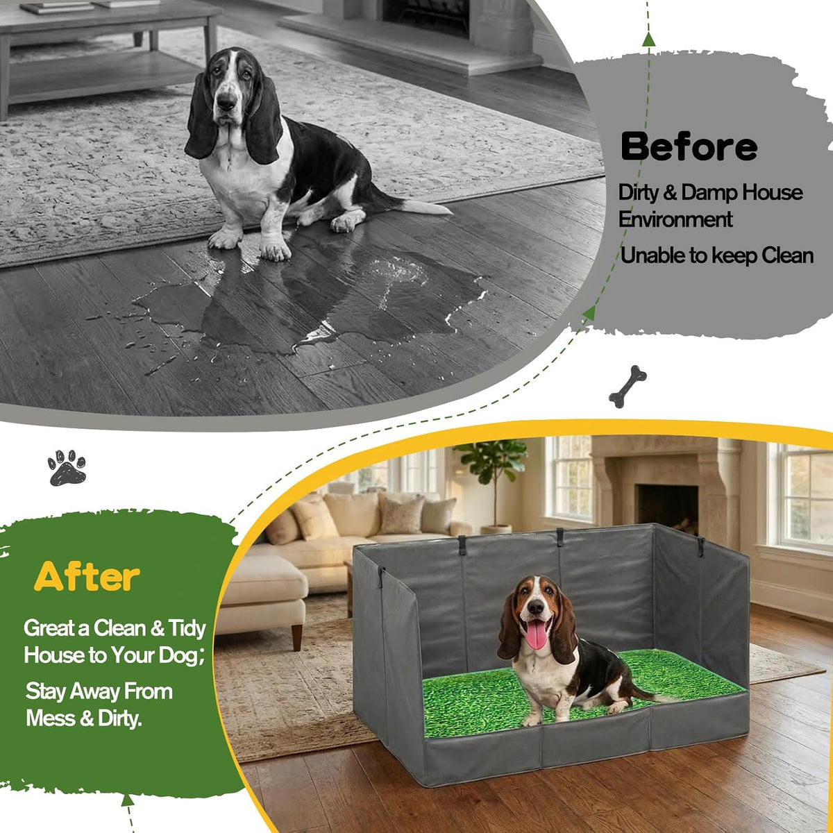 High Walls Dog Pee Pad Holder with Artificial Grass Foldable Indoor Dog Potty Tray 15.7 * 23.6 * 35.4 Inch Dogs Litter Box with Waterproof Liner for Puppies Small and Medium Dogs