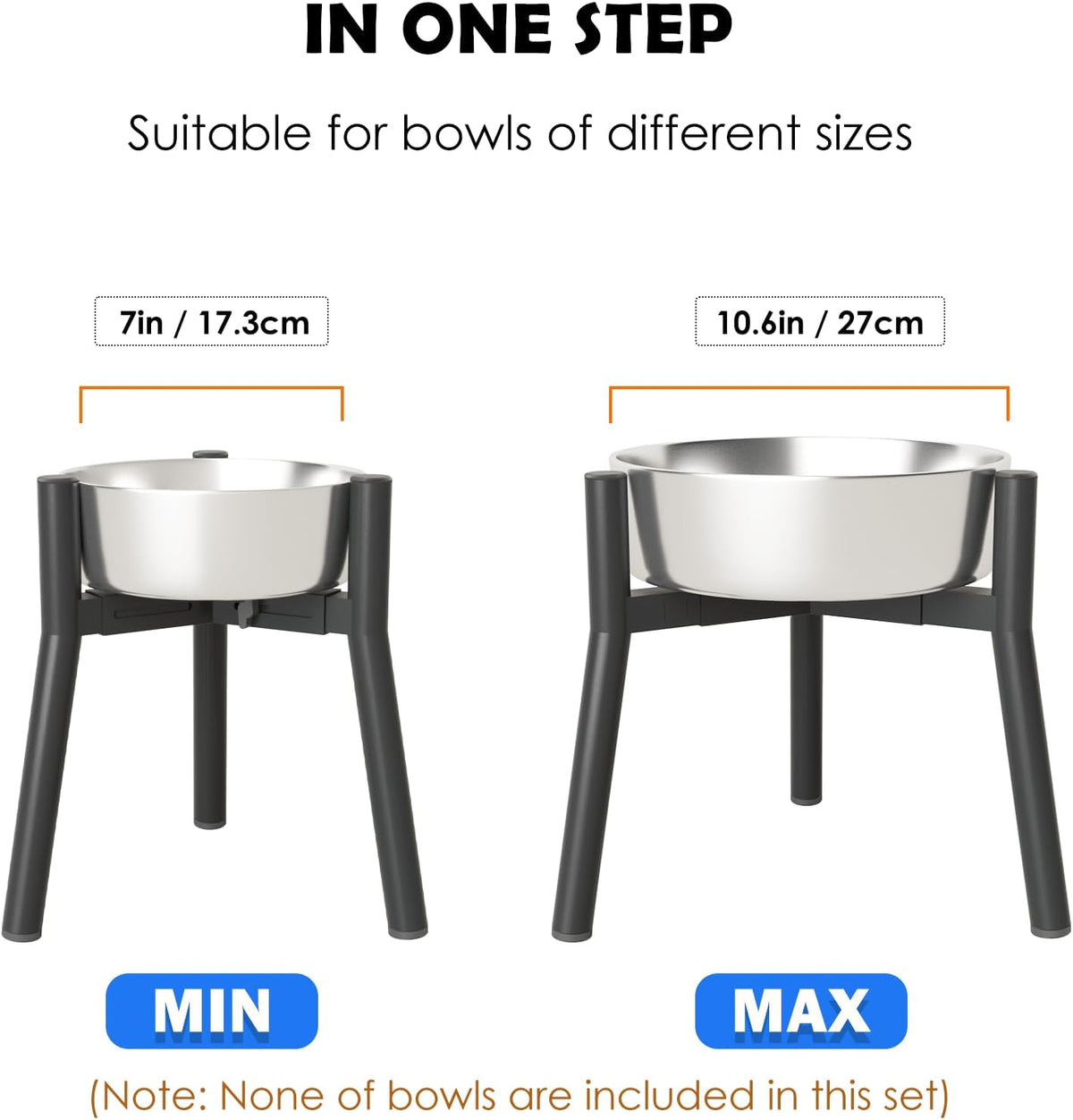 Adjustable Dog Bowl Stand, Tall Elevated Feeder for 7-10.6" Bowls, Metal Single Raised Holder, 11" Tall (Bowl Not Included)