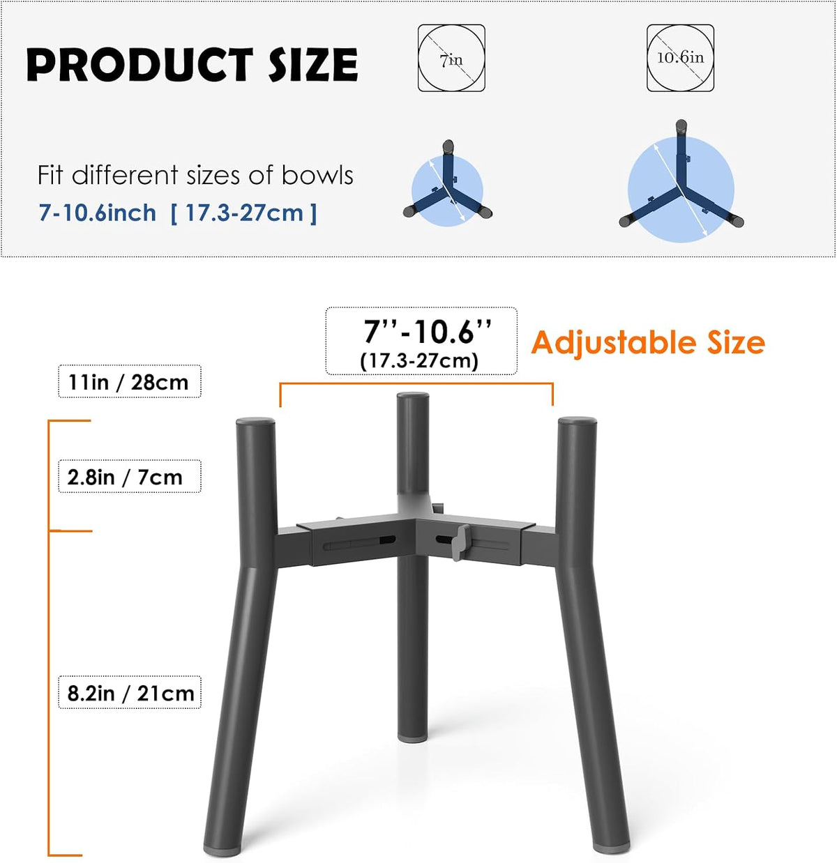 Adjustable Dog Bowl Stand, Tall Elevated Feeder for 7-10.6" Bowls, Metal Single Raised Holder, 11" Tall (Bowl Not Included)