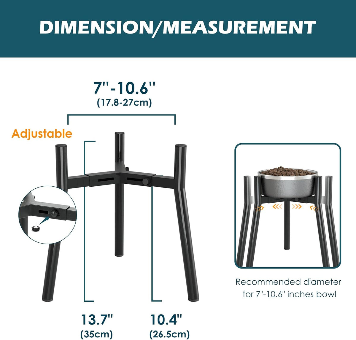 Adjustable Dog Bowl Stand, Tall Elevated Feeder for 7-10.6" Bowls, Metal Single Raised Holder, 11" Tall (Bowl Not Included)