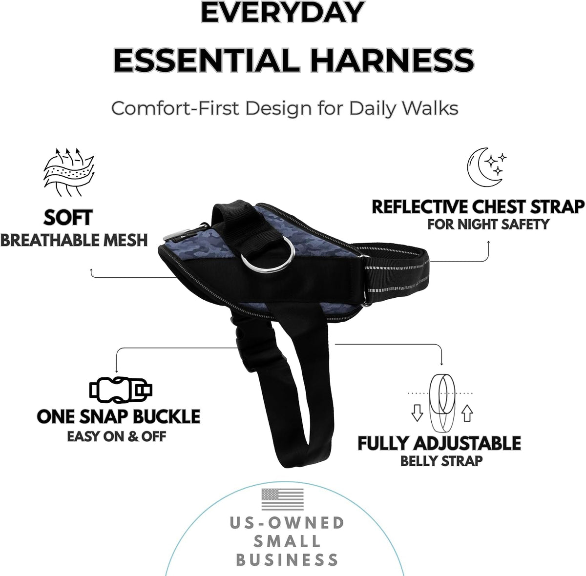 Essential Dog Harness, No-Pull Pet Vest (Oceanic Blue,S) | 3 Leash Clips, Easy On, No-Choke, Reflective, Adjustable Fit, Padded Comfort, Control Handle, For Small, Medium & Large Dogs