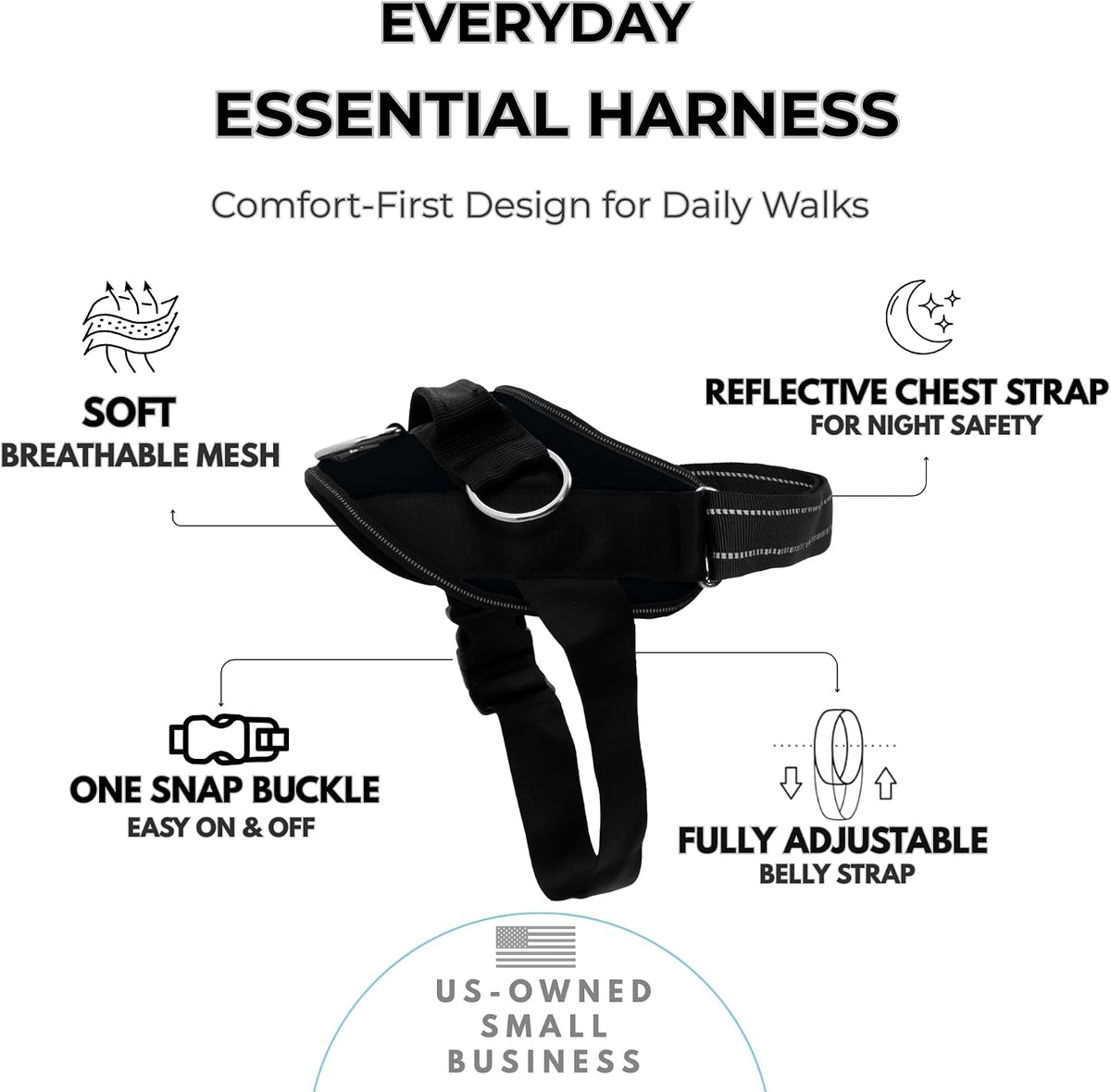 Essential Dog Harness, No-Pull Pet Vest (Oceanic Blue,S) | 3 Leash Clips, Easy On, No-Choke, Reflective, Adjustable Fit, Padded Comfort, Control Handle, For Small, Medium & Large Dogs